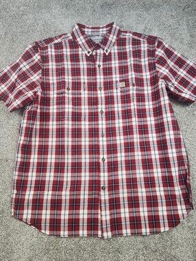 Carhartt Mens Relaxed Fit Plaid Button Up Shirt XL Red Short Sleeve